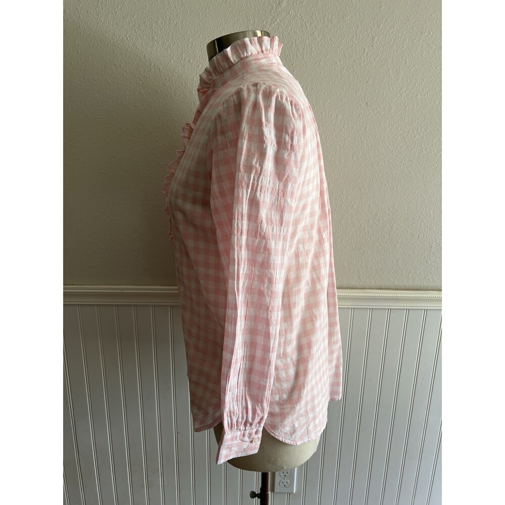 J Crew Pink Long Sleeve Ruffle Neck Blouse Cotton Stretch Gingham Pink White 6 - Picture 4 of 9